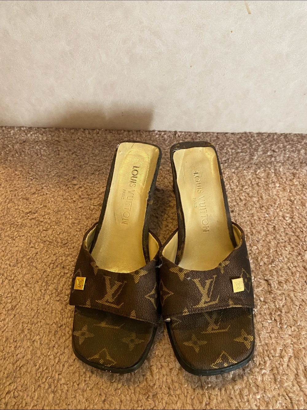 Vintage Louis Vuitton Monogram Canvas Slide Mules in Brown and Gold